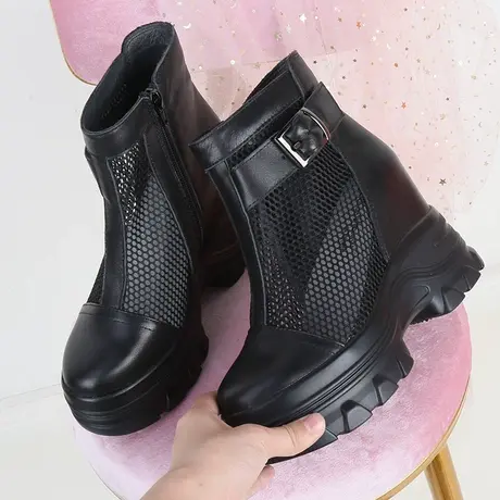 10CM内增高休闲鞋女薄款透气网面镂空单鞋高帮坡跟旅游厚底松糕鞋图片