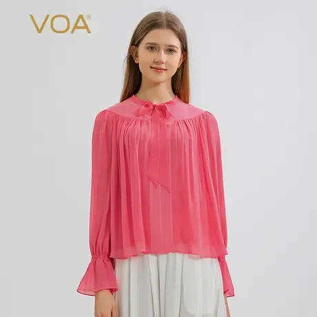 VOA乔其纱桑蚕丝粉色立领喇叭袖飘带拼接清爽透气甜美淑女真丝T恤图片