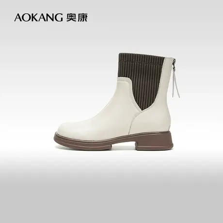 【门店发货】奥康女鞋 冬季新款时尚拼色切尔西靴加绒短靴商品大图