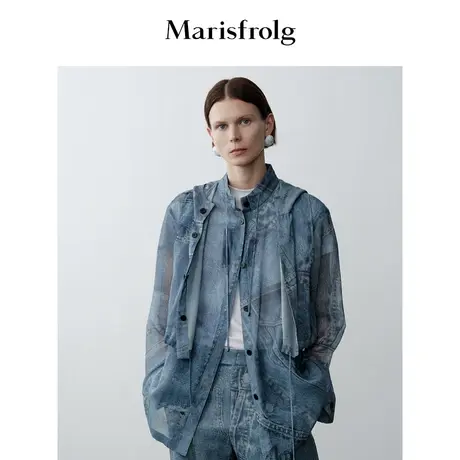 【筑感美学】Marisfrolg玛丝菲尔假两件式牛仔蓝印花长袖风衣图片