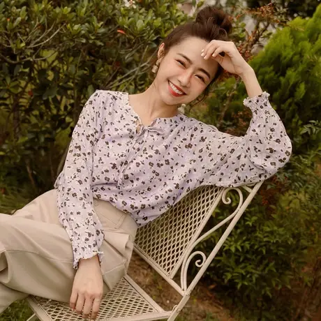 桔熊秋季清新厚雪纺衫宽松碎花泡泡长袖上衣女胖妹妹大码AB16246图片