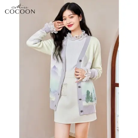 missCOCOON温柔风马海毛针织开衫女2023新款春秋装山水画毛衣外套图片