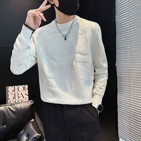 2023年秋冬小众个性提花套头毛衣男发型师爆款痞帅修身打底针织衫商品大图