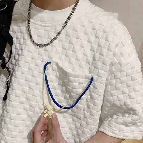 华夫格短袖t恤男ins百搭2024新款潮牌夏季宽松圆领上衣服潮流体恤商品大图