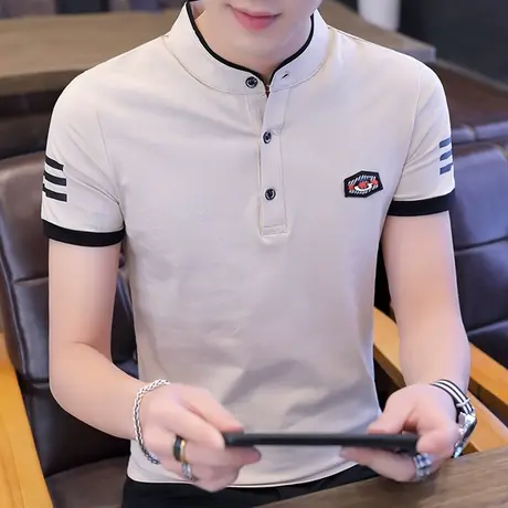2023夏装新款休闲polo衫男装 潮流修身纯棉半截袖立领男士短袖t恤商品大图