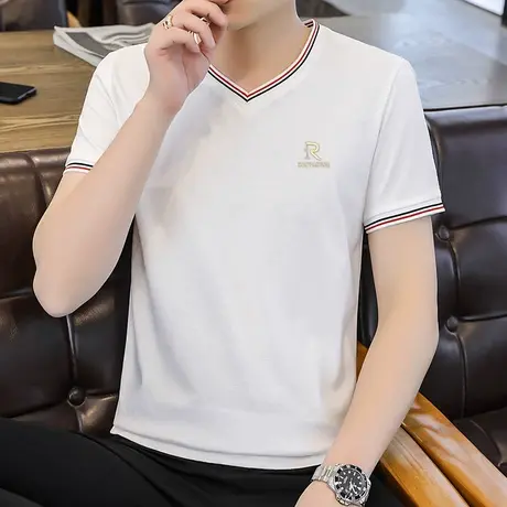 短袖T恤男V领上衣简约男装夏季休闲半袖2023新款打底衫潮男装衣服商品大图