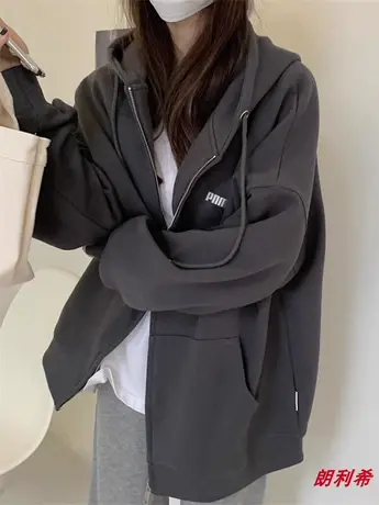 奥特莱斯旗舰店潮牌连帽开衫卫衣男女秋冬季宽松情侣加绒拉链外套图片