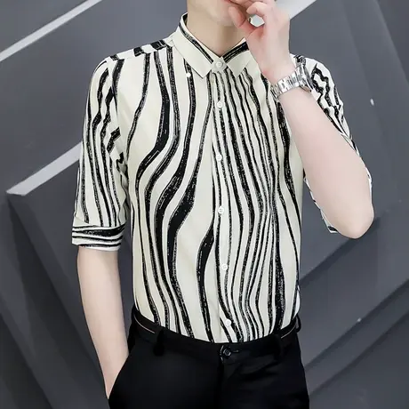 斑马纹衬衫男夏季短袖薄款ins韩版潮牌网红七分袖时尚帅气衬衣服商品大图