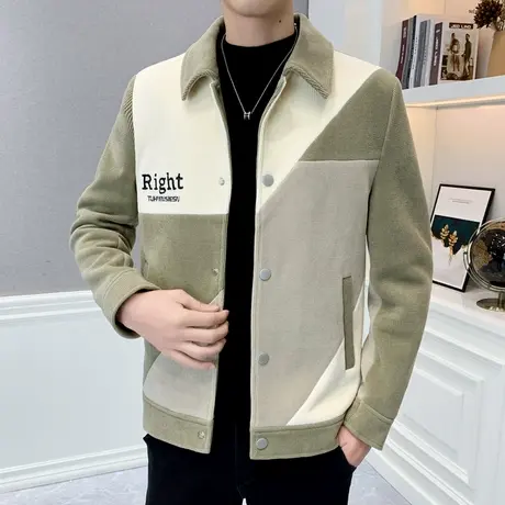 秋冬季新款呢子外套男士时尚拼色翻领短款刺绣褂子高级感帅气夹克商品大图