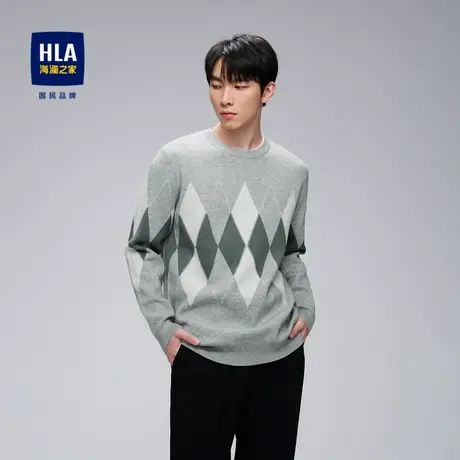 HLA/海澜之家菱形格子针织衫冬季水洗工艺撞色保暖圆领毛衣上衣男图片