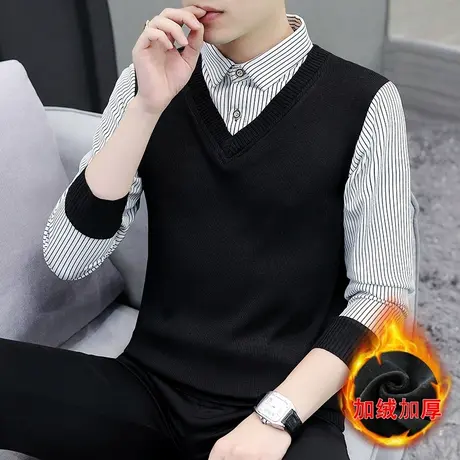 假两件毛衣男衬衫领秋冬新款修身潮流加绒加厚条纹男士针织打底衫商品大图