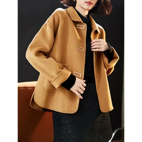 宝诗黎毛呢外套女短款翻领落肩长袖绵羊毛开衫上衣春秋装2024新款商品大图