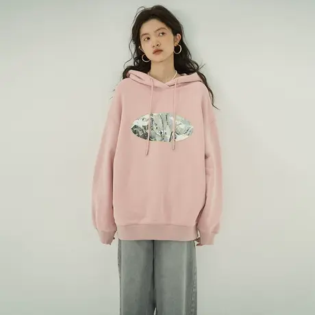 omont蛋挞家 加绒印花连帽卫衣女2023秋冬新款宽松休闲帽衫上衣图片