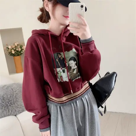 超火印花短款小个子连帽卫衣女春秋2023年新款宽松高腰设计感上衣商品大图