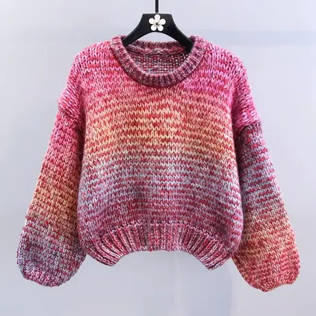 复古慵懒风渐变毛衣女秋冬2023年新款宽松洋气长袖短款针织衫上衣商品大图