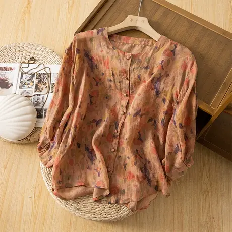 享永子七分袖碎花苎麻上衣女夏漂亮衬衫棉麻文艺复古百搭2023新款商品大图