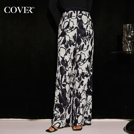 COVER秋季黑白剪影花卉压褶休闲裤图片