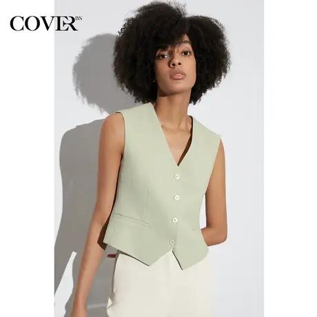 COVER春季醋酸乱麻纹理西装短款马甲图片