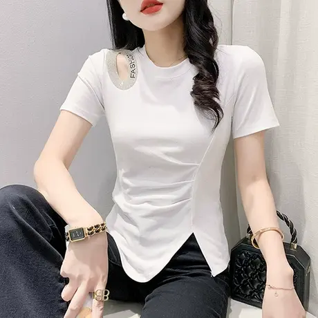 网红设计感T恤女短袖夏季性感镂空修身上衣气质不规则开叉小衫女商品大图