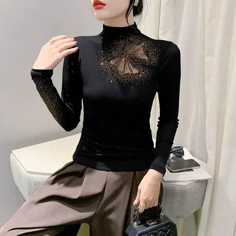 性感网纱拼接镂空上衣气质半高领烫钻T恤女长袖洋气修身打底衫ins商品大图