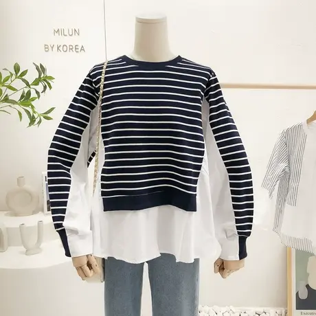 韩国东大门上衣2022春季新款简约时髦条纹卫衣拼接衬衫娃娃衫遮肉商品大图