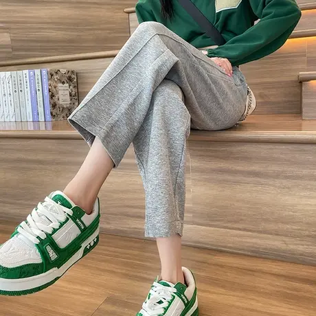 灰色运动裤女高腰春秋2023新款休闲小个子显瘦直筒裤宽松九分卫裤商品大图