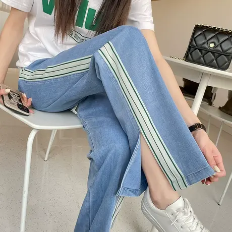 开叉冰丝牛仔裤女夏季薄款侧条纹垂感阔腿裤凉凉空调天丝运动裤子商品大图