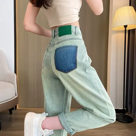 老爹牛仔裤女2024春秋新款高腰宽松显瘦ins复古窄版直筒阔腿裤子商品大图