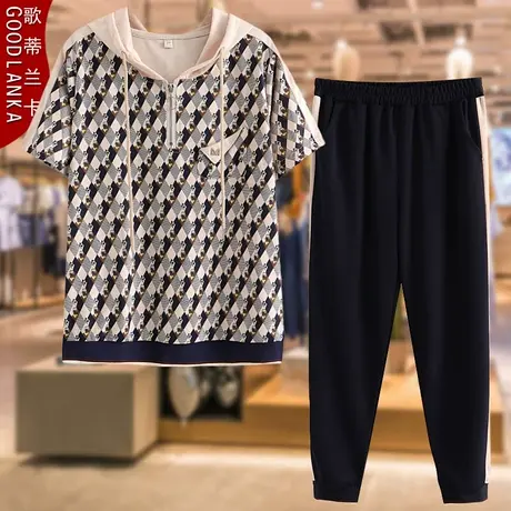 中年妈妈夏装连帽运动套装洋气中老年女装时尚短袖t恤上衣两件套商品大图