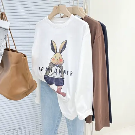 春秋2023新款复古卡通兔子印花高级感长袖白色T恤女长袖打底上衣商品大图