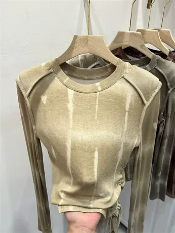 撞色不对称抽绳褶皱针织衫长袖修身上衣女2023初秋明线螺纹打底衫商品大图