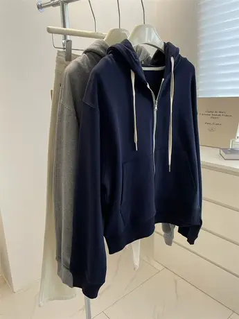 小个子拉链开衫外套！秋季慵懒百搭宽松显瘦短款连帽衫休闲卫衣女商品大图