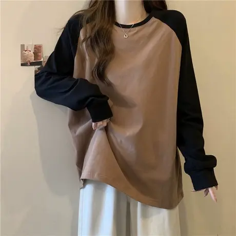 纯棉插肩袖拼接撞色长袖T恤女秋季宽松百搭显瘦中长款打底衫上衣商品大图