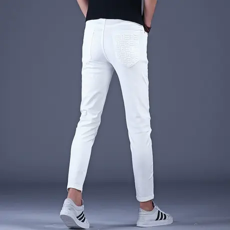 2023新款秋冬九分牛仔裤男款经典白色印花修身小脚潮流潮牌裤子男图片