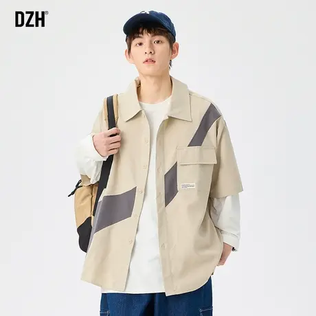 男士杏色短袖衬衫男夏季薄款潮牌男装2023年新款上衣宽松衬衣外套商品大图