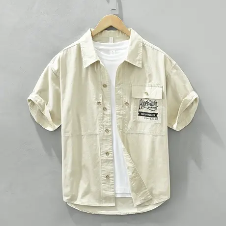 夏季短袖纯棉衬衫男日系宽松男士全棉翻领衬衣青年休闲百搭外套潮商品大图