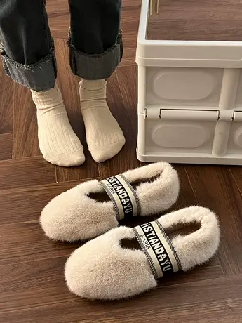 一脚蹬玛丽珍毛毛鞋女2023冬新款浅口字母刺绣加绒保暖棉鞋豆豆鞋商品大图