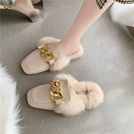 金属扣毛毛拖鞋女外穿2023秋冬新款复古平底穆勒鞋网红半拖包头拖商品大图