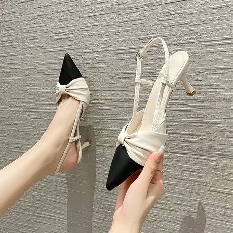 尖头中空高跟鞋女细跟2024年新款一字扣设计感小众拼色小香风单鞋图片