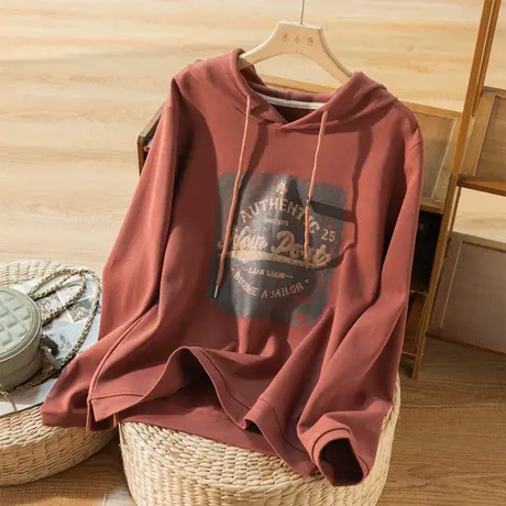 长袖连帽卫衣休闲文艺复古2024春秋新款字母T恤宽松百搭显瘦上衣商品大图