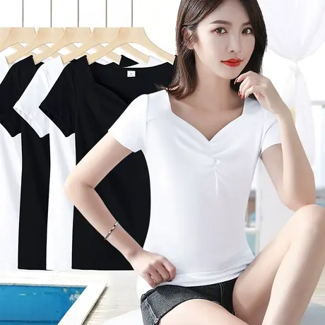 白色褶皱桃领鸡心v领短袖t恤女修身显瘦设计感漏锁骨上衣内搭外穿图片