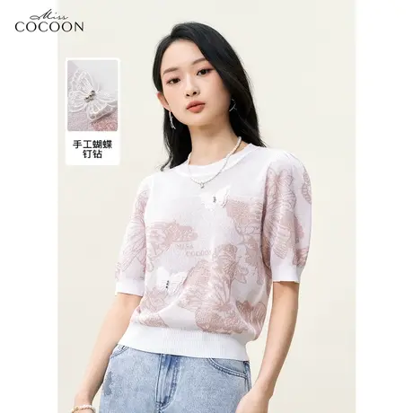 miss COCOON轻薄蝴蝶短袖针织衫女2023新款夏装宽松百搭休闲上衣商品大图