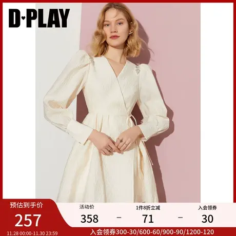 DPLAY秋装新款简约ins风复古羊腿袖杏仁奶油白色连衣裙图片