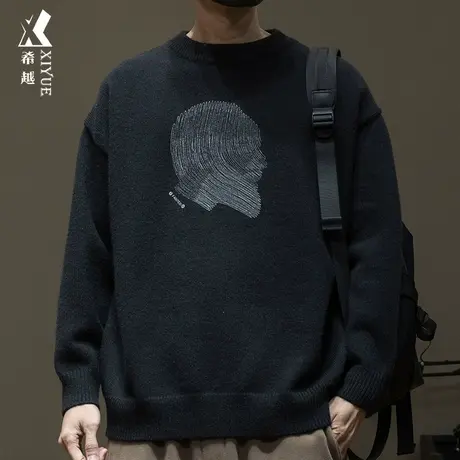 希越人物印花美式圆领重磅毛衣男春季宽松大码潮流高级感7针线衣商品大图
