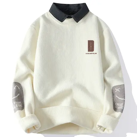 衬衫领毛衣男秋冬款加绒加厚假两件针织衫男宽松休闲内搭毛线衣服商品大图