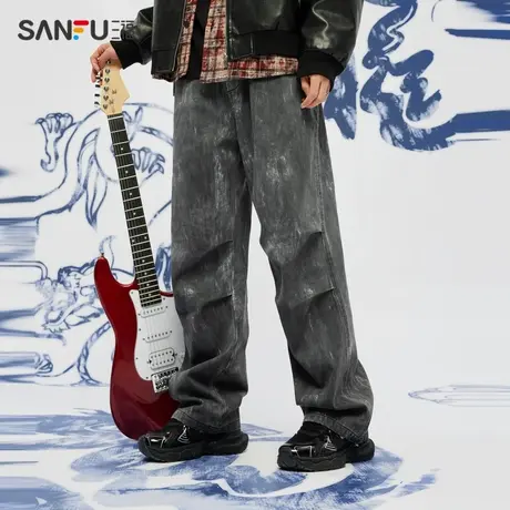 三福2024春男士满版蜡染宽松直筒休闲裤 潮流嘻哈长裤男481213商品大图