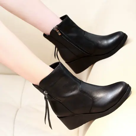 2023冬季新款真皮短靴女坡跟流苏靴子头层牛皮高跟女靴棉加绒皮靴图片