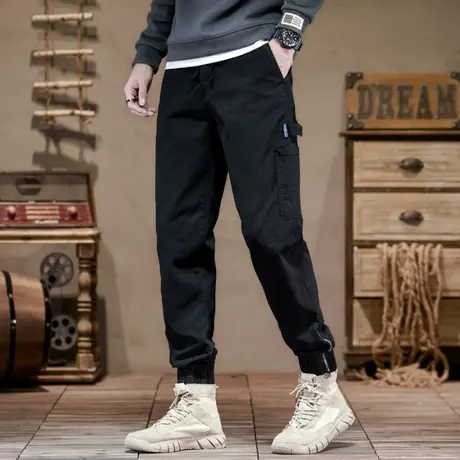 裤子男款时尚百搭美式复古束脚工装裤男纯色男裤时尚工装裤休闲男商品大图