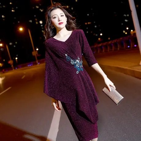 小晚礼服女2023新款紫色短款秋季婚宴高贵气质宴会年轻妈妈连衣裙商品大图