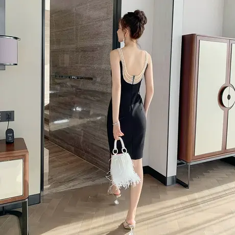 法式名媛气质重工钉珠连衣裙女轻熟风性感露背宴会礼服裙平时可穿图片